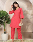 Solid A-Line Cotton Linen Co-ord Set with Embroidery