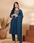 Solid A-Line Kurta Set with Zari Embroidery and Laced Dupatta