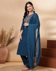 Solid A-Line Kurta Set with Zari Embroidery and Laced Dupatta