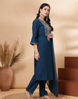 Solid A-Line Kurta Set with Zari Embroidery and Laced Dupatta