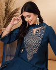 Solid A-Line Kurta Set with Zari Embroidery and Laced Dupatta