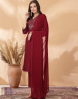 Foil Print V-Neck Kurta Set with Zari Work, Palazzo & Chiffon Dupatta