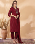 Foil Print V-Neck Kurta Set with Zari Work, Palazzo & Chiffon Dupatta