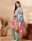 Floral Linen Kurta Set with Mirror Embroidery & Printed Muslin Dupatta