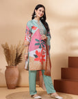 Floral Linen Kurta Set with Mirror Embroidery & Printed Muslin Dupatta