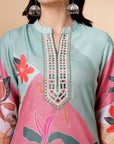 Floral Linen Kurta Set with Mirror Embroidery & Printed Muslin Dupatta