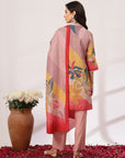 Solid Straight Linen Kurta Set with Mirror Embroidery and Dupatta