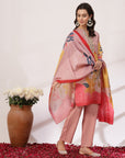 Solid Straight Linen Kurta Set with Mirror Embroidery and Dupatta