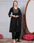 Silk Flared Kurta Set with Zari Embroidery & Solid Dupatta