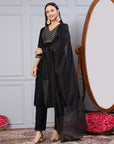 Silk Flared Kurta Set with Zari Embroidery & Solid Dupatta
