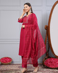 Silk Flared Kurta Set with Zari Embroidery & Solid Dupatta