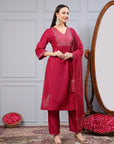 Silk Flared Kurta Set with Zari Embroidery & Solid Dupatta