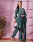 Solid Straight Viscose Kurta with Embroidered Yoke & Sequin Side Slit Palazzo
