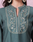 Solid Straight Viscose Kurta with Embroidered Yoke & Sequin Side Slit Palazzo