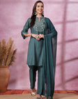 Solid Straight Viscose Kurta with Embroidered Yoke & Sequin Side Slit Palazzo