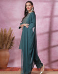 Solid Straight Viscose Kurta with Embroidered Yoke & Sequin Side Slit Palazzo