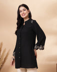 Crepe Festive Tunic with Zari Bell Sleeves & Frilled Mandarin Collar