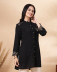 Crepe Festive Tunic with Zari Bell Sleeves & Frilled Mandarin Collar