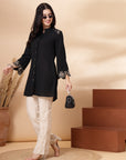 Crepe Festive Tunic with Zari Bell Sleeves & Frilled Mandarin Collar