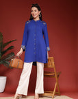 Solid A-Line Crepe Kurti with Mandarin Collar and Bell Sleeves