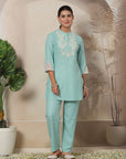 Solid Straight Poly Slub Tunic with Embroidery & Palazzo Co-ord Set