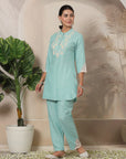 Solid Straight Poly Slub Tunic with Embroidery & Palazzo Co-ord Set