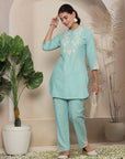 Solid Straight Poly Slub Tunic with Embroidery & Palazzo Co-ord Set
