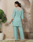 Solid Straight Poly Slub Tunic with Embroidery & Palazzo Co-ord Set