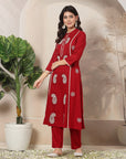 Solid A-Line Rayon Kurta Set with Lakhnavi Embroidery & Palazzo