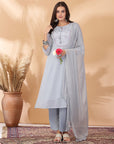 Solid A-Line Georgette Kurta Set with Thread Embroidery & Chiffon Dupatta