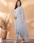 Solid A-Line Georgette Kurta Set with Thread Embroidery & Chiffon Dupatta