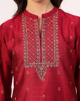 Silk Straight Kurta Set with Zari Collar, Embroidered Cuffs & Sequin-Detailed Dupatta