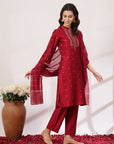 Silk Straight Kurta Set with Zari Collar, Embroidered Cuffs & Sequin-Detailed Dupatta