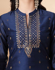 Silk Straight Kurta Set with Zari Collar, Embroidered Cuffs & Sequin-Detailed Dupatta