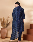 Silk Straight Kurta Set with Zari Collar, Embroidered Cuffs & Sequin-Detailed Dupatta