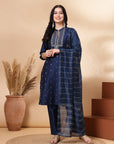 Silk Straight Kurta Set with Zari Collar, Embroidered Cuffs & Sequin-Detailed Dupatta