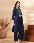 Silk Straight Kurta Set with Zari Collar, Embroidered Cuffs & Sequin-Detailed Dupatta