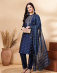 Silk Straight Kurta Set with Zari Collar, Embroidered Cuffs & Sequin-Detailed Dupatta