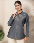 Solid Cotton Button-Down Shirt with Ethnic Embroidery
