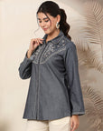Solid Cotton Button-Down Shirt with Ethnic Embroidery