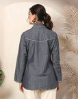Solid Cotton Button-Down Shirt with Ethnic Embroidery