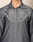 Solid Cotton Button-Down Shirt with Ethnic Embroidery