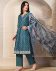 Lehariya Chanderi Kurta Set with Embroidered Neck & Printed Dupatta