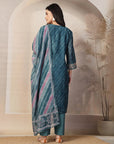 Lehariya Chanderi Kurta Set with Embroidered Neck & Printed Dupatta