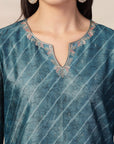 Lehariya Chanderi Kurta Set with Embroidered Neck & Printed Dupatta