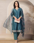 Lehariya Chanderi Kurta Set with Embroidered Neck & Printed Dupatta