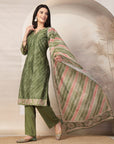 Lehariya Chanderi Kurta Set with Embroidered Neck & Printed Dupatta