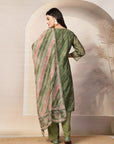 Lehariya Chanderi Kurta Set with Embroidered Neck & Printed Dupatta