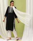 Viscose Rayon A-Line Kurta Set with Embroidery & Laced Dupatta