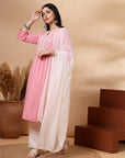 Embroidered Viscose Rayon Kurta Set with Lace Palazzo & Dupatta